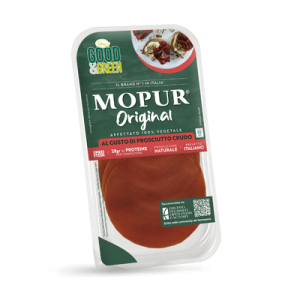 PROSCIUTO CRUDO ROŚLINNE PLASTRY O SMAKU SZYNKI DOJRZEWAJĄCEJ  MOPUR 90g